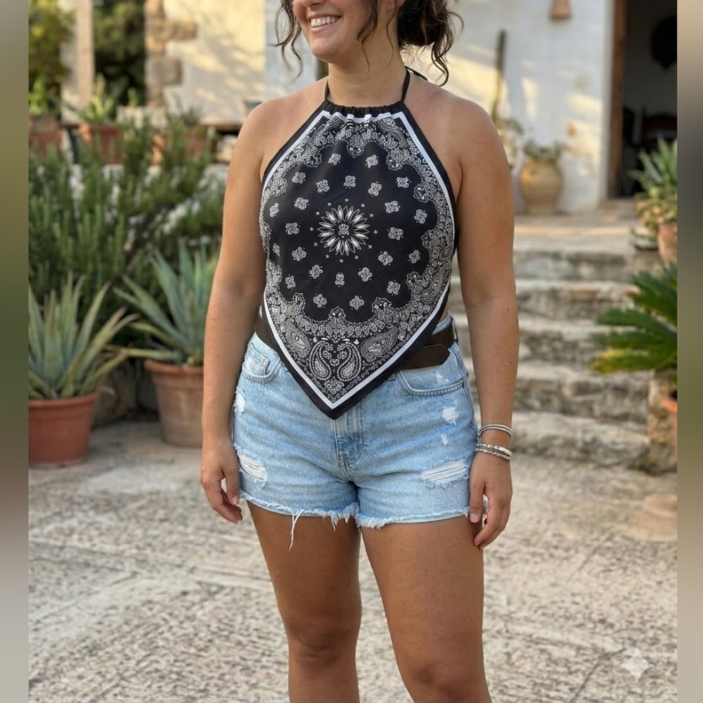 Y2K Boho Paisley Diamond Bandana Halter Top Black White Western Festival 90s